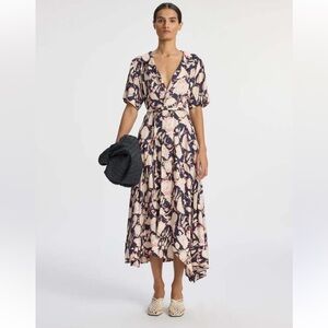 A.L.C. Emery Maritime Midi Dress Navy Multi Floral Asymmetric Belted Romantic 2